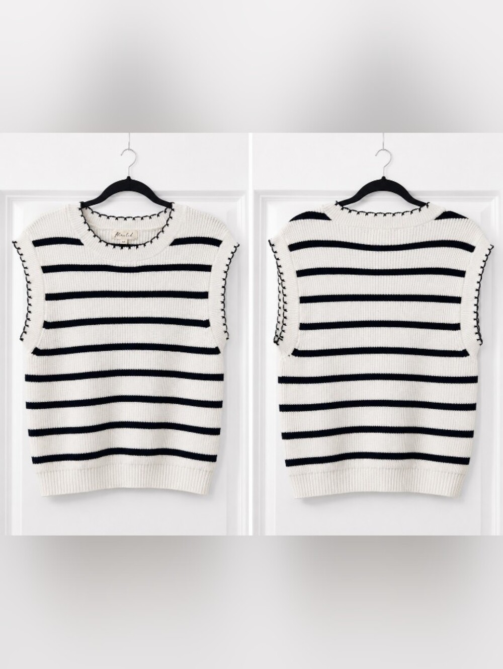 Marled Striped Knit Sweater Vest Cream Black Scalloped Trim Tank Top Preppy M